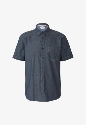 Short-sleeve, button-up shirt in dark blue denim with white stitching, classic collar, single chest pocket, and a straight hem.