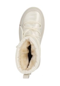 Stivale alla caviglia bianco, isolato, con esterno liscio, design con lacci, fodera in pile e un pull tab per indossarlo facilmente.