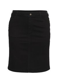 Sort denimnederdel med tætsiddende design, mellemlang længde, forlommer og metalknaplukning i taljen. Glat tekstur.