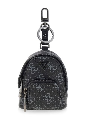 Porte-clés mini sac à dos noir avec motif logo argenté, poche avant zippée et fermoir métallique argenté avec attache porte-clés.