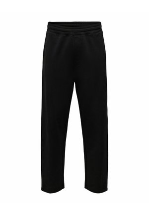 Czarne spodnie dresowe z prążkowanym elastycznym pasem. Wykonane z miękkiej tkaniny, z prostą nogawką i bez widocznych kieszeni.