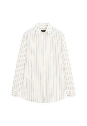 Witte blouse met lange mouwen, smalle verticale bruine strepen, puntige kraag en omslagen aan de mouwen.