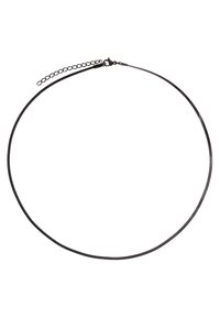 Collier ras du cou en métal noir avec un design cylindrique lisse. Il comprend une chaîne réglable et un fermoir pour un attachement sûr.