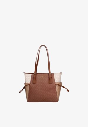 Braune, beige und cremefarbene Tote-Bag mit dezentem Muster, zwei Schulterriemen, Seitentaschen mit Kordelzug und kleinem goldenen Logo vorne.