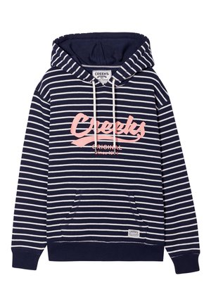 Marineblauwe gestreepte hoodie met witte strepen, voorzien van een voorzak, een capuchon met trekkoord en opvallende roze logo-tekst.