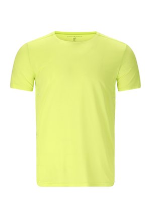Neon gul atletik T-shirt med korte ærmer og rund halsudskæring, designet til sport og udendørs aktiviteter.
