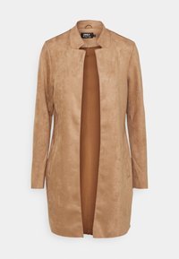 Cappotto lungo simile al suede, di colore marrone, design a frontale aperto, colletto minimalista, maniche lunghe, texture liscia, senza chiusure o tasche visibili.