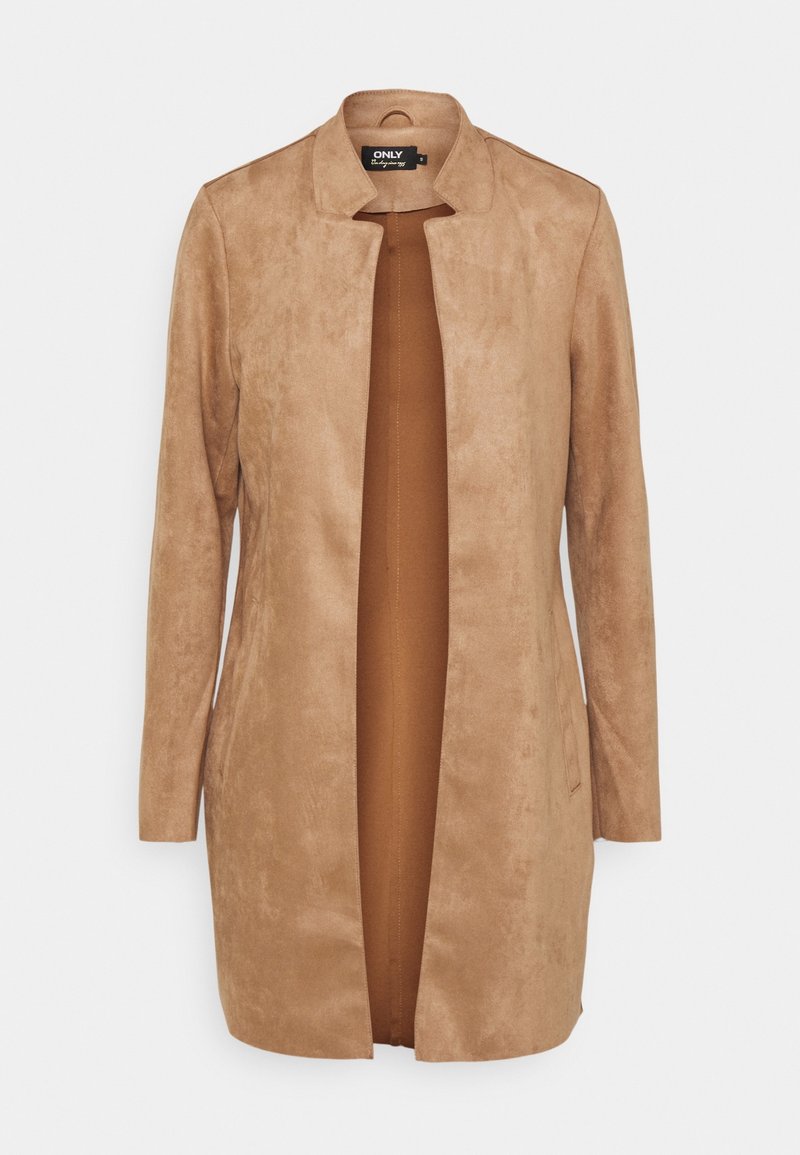 Cappotto lungo simile al suede, di colore marrone, design a frontale aperto, colletto minimalista, maniche lunghe, texture liscia, senza chiusure o tasche visibili.