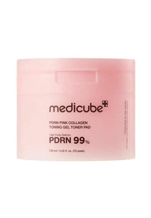 Medicube Pink Collagen Toning Gel Toner Pad Behälter mit 99% PDRN, 120 ml und 70 Pads auf dem Etikett angegeben.