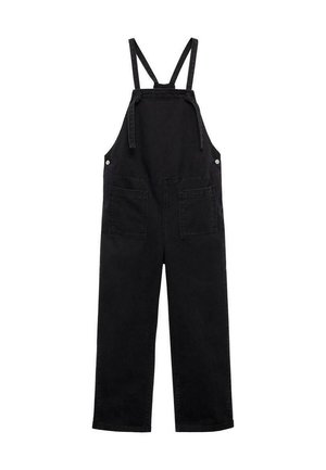 Schwarze Denim-Overalls mit Fronttasche, verstellbaren Schulterträgern und zwei großen Vorderaschen, flach auf einem weißen Hintergrund präsentiert.
