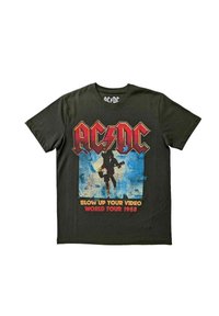 Black cotton t-shirt with AC/DC logo in red and yellow. Features a graphic of a guitarist over a blue background, stating "Blow Up Your Video 1988."