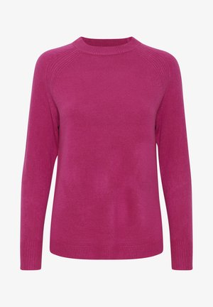 Pull en tricot fuchsia avec des manches longues, un col rond et des détails côtelés le long des épaules et des poignets. Texture douce et couleur unie.