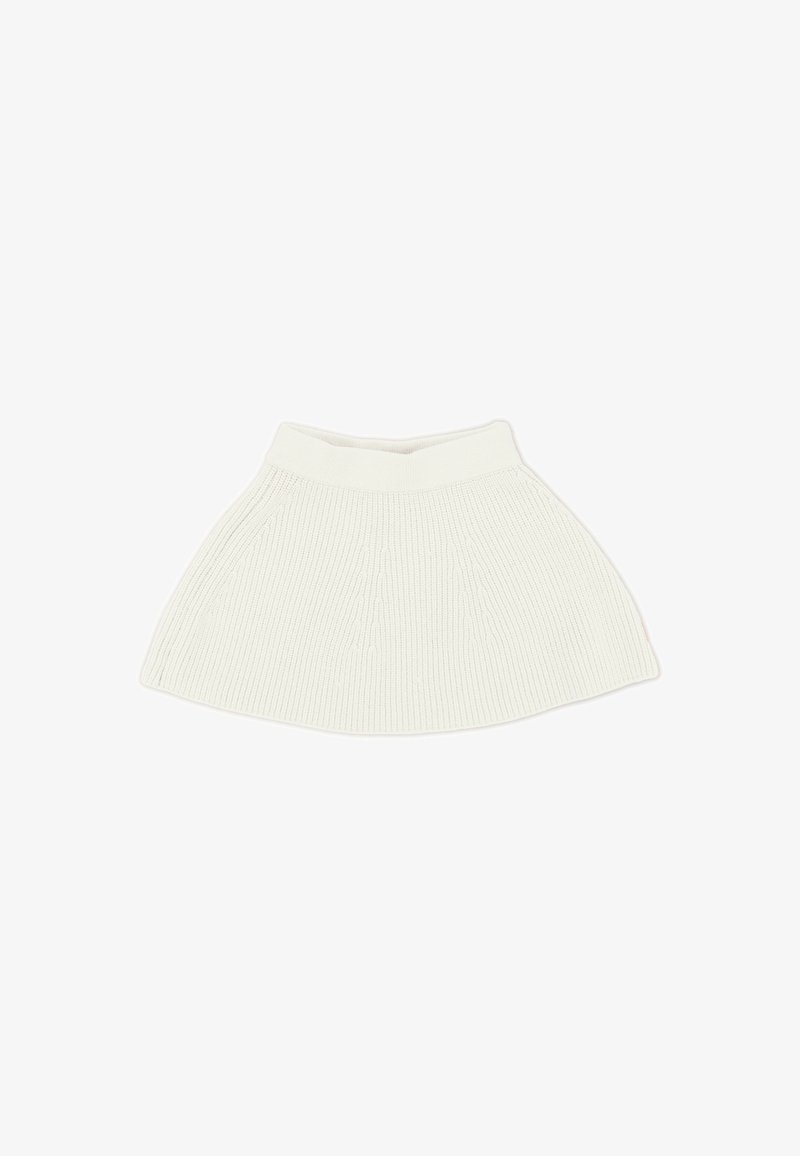 Knit white skirt with a flared shape, featuring a ribbed texture and a wide, elastic waistband, suitable for casual wear.