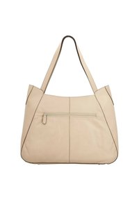 Beige leather tote bag with a curved top, two shoulder straps, and a zippered exterior pocket. Smooth texture with contrast stitching details.