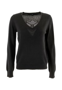 Pull en tricot noir à manches longues, décolleté en V et détails en maille transparente au niveau du cou. Présente une taille ajustée et des bords ribbés.