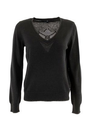 Maglione nero lavorato a maglia con maniche lunghe, scollatura a V e dettagli in rete trasparente sul collo. Presenta una vita aderente e polsini a costine.