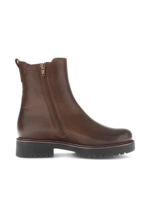 Braune Leder-Stiefelette mit seitlichem Reißverschluss und schwarzem, robustem Gummisohle, im Profil auf weißem Hintergrund präsentiert.