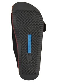 Black rubber sandal sole with a textured tread pattern, featuring a blue "BIRKENSTOCK" logo and size markings.