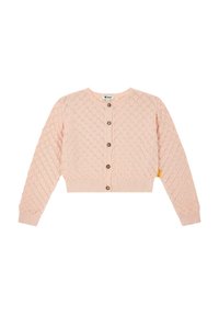 Cardigan en tricot rose avec un motif de diamant texturé, en col rond et sept boutons. Comprend des poignets et un ourlet côtelés, avec un détail d'étiquette sur le côté.
