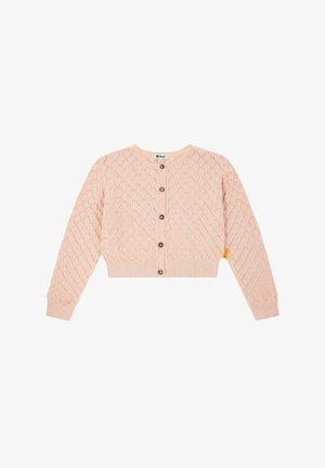 Cardigan lavorato a maglia rosa con un motivo a diamante testurizzato, scollatura rotonda e sette bottoni. Include polsini e orlo a coste, con dettaglio di etichetta laterale.