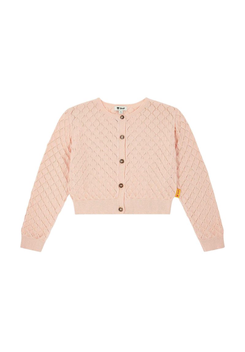 Cardigan en tricot rose avec un motif de diamant texturé, en col rond et sept boutons. Comprend des poignets et un ourlet côtelés, avec un détail d'étiquette sur le côté.
