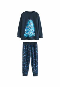 Children's navy blue pajamas with a graphic of video game controllers arranged as a glowing Christmas tree and matching pants with blue light patterns.