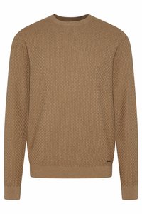 Hellbrauner Pullover, strukturiertes Muster, runder Ausschnitt, lange Ärmel, gerippte Bündchen und Saum, kleines Logo-Akzent nah am Saum.
