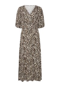 Robe en imprimé léopard avec un décolleté en V, des manches courtes à volants, et une silhouette fluide. Fabriquée en tissu léger, présentant des teintes douces de beige et de marron.