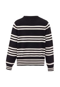 Maglione a righe bianco e nero con maniche lunghe, colletto a girocollo e orlo a coste. Le righe variano in larghezza e creano un motivo a contrasto.