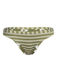 Green bikini bottom featuring white vertical and horizontal stripes, floral patterns, and a comfortable elastic waistband.