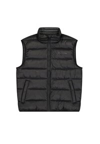 Schwarze Pufferweste mit hohem Kragen, Reißverschluss vorne und seitlichen Taschen; verfügt über gestickte Paneele zur Isolation und eine elegante, glatte Textur.