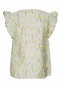 Top con stampa floreale a maniche corte con volant, base beige chiaro, presenta fiori verdi e gialli con accenti blu, tessuto texturizzato.