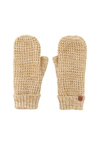 Gebreide wanten in een warme gouden kleur met een gestructureerd patroon, voorzien van een geribde manchet en een klein leren merklabel.