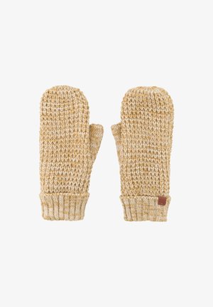 Gebreide wanten in een warme gouden kleur met een gestructureerd patroon, voorzien van een geribde manchet en een klein leren merklabel.