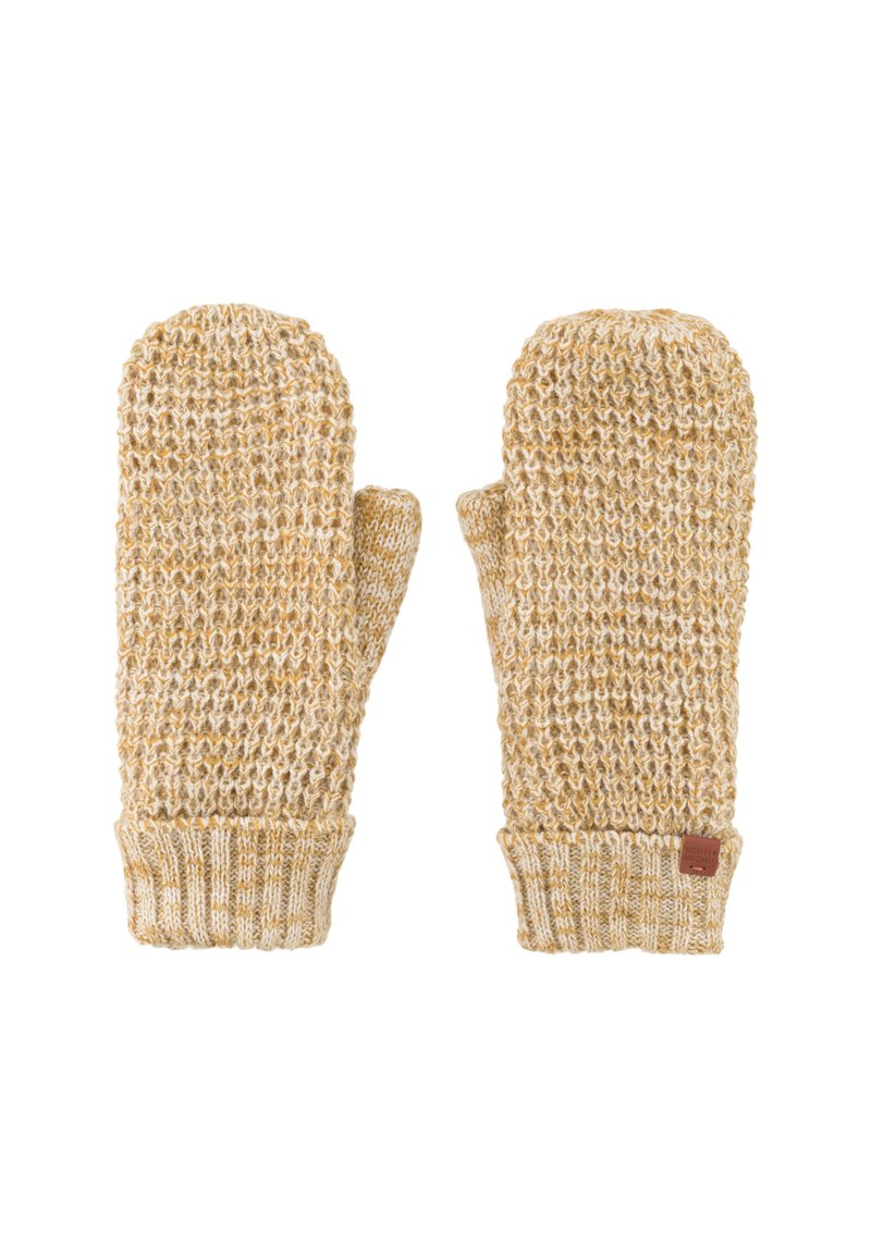 Gebreide wanten in een warme gouden kleur met een gestructureerd patroon, voorzien van een geribde manchet en een klein leren merklabel.