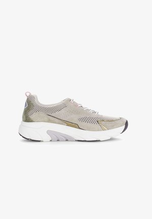 Light gray and beige sneaker with mesh and suede panels, white thick sole, patterned laces, and pink pull tab on heel, side view.