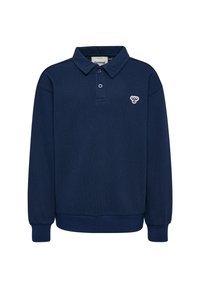 Mörkblå långärmad polo skjorta i texturerad tyg, med krage, två knappar och en liten vit logotyp på bröstet.