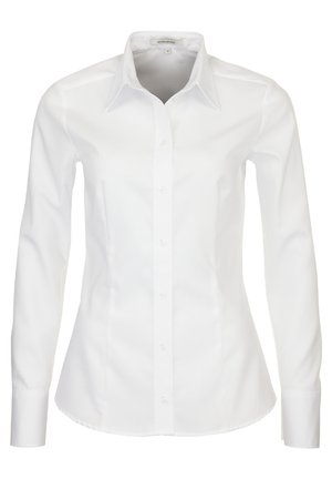 Camicia bianca a maniche lunghe con vestibilità slim, colletto a punta e orlo dritto. Realizzata in tessuto liscio con una sottile trama.