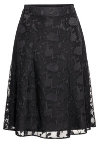 Falda negra hasta la rodilla con superposición de encaje floral transparente y forro interior sólido, silueta acampanada y cintura ajustada.