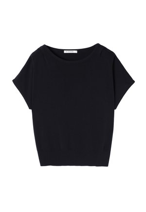 Schwarzes Kurzarmoberteil mit weitem Rundhalsauschnitt, weichem Stoff, lockerer Passform und dezent umgeschlagenen Ärmeln. Glattes, leichtes Material.
