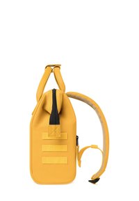 Yellow backpack made of textured fabric, featuring a black zip closure, three vertical straps, and a padded, adjustable shoulder strap.