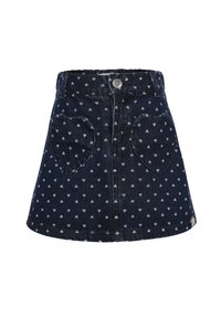 Donzen rok in donkerblauw met kleine hartjespatronen. Heeft een aangesloten taille, een knoopsluiting aan de voorkant en hartvormige zakken.