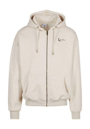 Light beige zip-up hoodie made of soft fabric, featuring a hood, two front pockets, ribbed cuffs, and an embroidered logo on the chest.