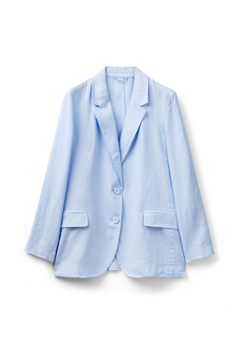 Blazer in lino azzurro chiaro con rever a punta, due tasche frontali e due bottoni di chiusura; vestibilità rilassata e texture morbida.
