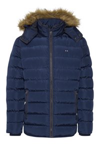 Marineblå pufferjakke med pelsforet hette, glidelås foran og sidelommer. Har quiltet design og kontrasterende trimdetaljer.