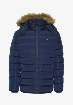 Navy blue puffer jacket with fur-lined hood, zippered front, and side pockets. Features quilted design and contrasting trim details.