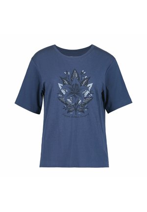 T-shirt à manches courtes bleu marine avec un grand motif floral sombre centré sur la poitrine, comprenant des feuilles et une fleur de lys.