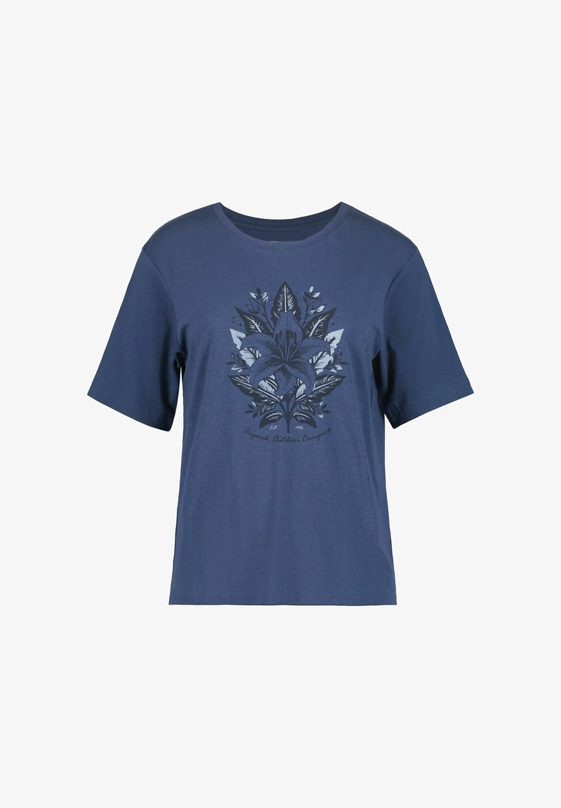 Camiseta azul marino de manga corta con un gran diseño floral oscuro centrado en el pecho que presenta hojas y una flor de lirio.