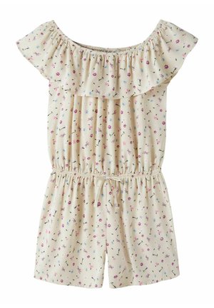 Tuta cremisi a fiori con spalle scoperte, vita elastica e scollo con balze, decorata con piccoli fiori rosa, blu e viola.