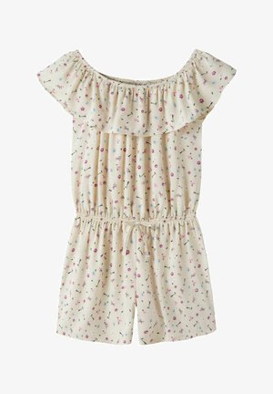 Combishort couleur crème à fleurs, épaules dénudées, taille élastique et col à volants, présentant de petites fleurs roses, bleues et violettes.